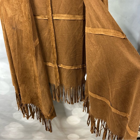 Mauve brown faux suede fringe tasseled open‎ long sleeve cardigan jacket size M - Picture 6 of 8